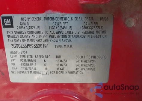 2009 Saturn Vue 4-Cyl Xe z USA, uszkodzony, nr VIN 3GSCL33P69S530191